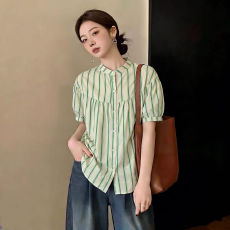批发夏装新款条纹衬衫韩版通勤立领灯笼袖糖果色短袖娃娃衫