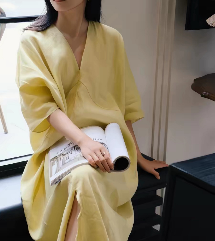 여름 드레스 새로운 빅 사이즈 면 린넨 롱 스커트 V넥 품격 드레스 아이들 여름 섹션 유럽 만약 바람 착용 가져 가라. 26 새로운