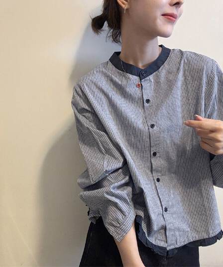 여름 문예 센 부서 라미 프린트 폴로 칼라 통기성 긴팔 여성 셔츠 새로운 루즈핏 부서 버클 자외선 차단 맨위