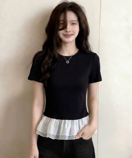 여름 드레스 새로운 빅 사이즈 순면 작은 대중 퍼프 레이스 패치워크 반팔 티셔츠 몸매 가꾸기 맨위