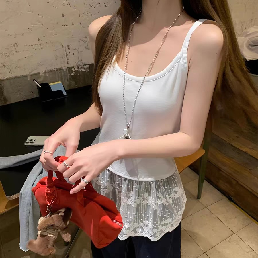 여름 드레스 빅 사이즈 여성 의류 한 부서 회색 부드럽다 패치워크 레이스 디자인 센스 슬립 여성 고급 센스 조끼 여성