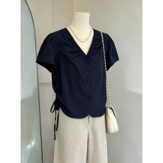 批发夏装新款大码夜岩上衣温柔风淑女抽绳褶皱v领上衣