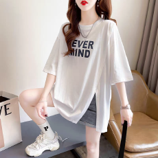 批发新款大码<b class='q'>女装</b>开叉短袖t恤设计感小不规则宽松印花上衣
