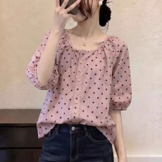 批发夏装新款大码女装韩版v领灯笼袖a字甜美波点娃娃衫<b class='q'>衬衫</b>