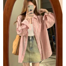 批发秋装新款大码女装chic粉色条纹衬衫慵懒风防晒衬衣