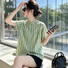 批发夏装新款条纹衬衫韩版<b class='q'>通勤</b>立领灯笼袖糖果色短袖娃娃衫