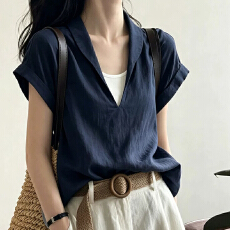 批发夏装新款藏青色假两件v领短袖衬衫设计感显瘦宽松衬衣老钱上衣