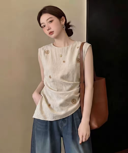 여름 새로운 빛 요리 한 바람 꽃 자수 민소매 조끼 여성 베이지 색 허리 수축 오래된 돈 바람 빅 사이즈 맨위