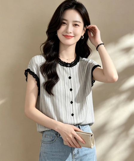 여름 새로운 한 부서 패션 품격 프릴 라운드 넥 반팔 여성 셔츠 출퇴근 다용도 연령 감소 맨위