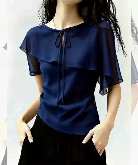 여름 새로운 우아함 바람 프릴 패션 레이스업 반팔 시폰 셔츠 여성 작은 대중 몸매 가꾸기 아름다운 맨위