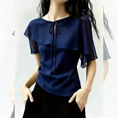 批发<b class='q'>夏</b>季新款优雅风荷叶边时尚系带短袖雪纺衫女小众修身绝美上衣