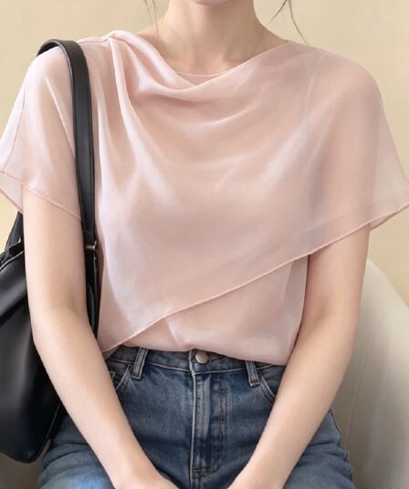 프랑스식 핑크색 흔들다 칼라 숄 반팔 여성 셔츠 여름 새로운 디자인 센스 자이언트 잘 생긴 ~ 중 품격 맨위