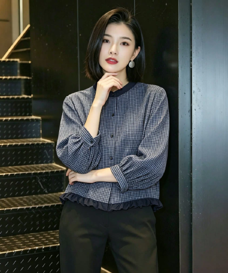 가을 의상 새로운 한 부서 착용 가져 가라. 자이언트 잘 생긴 ~ 중 작은 격자 라운드 넥 긴팔 셔츠 프릴 쇼트 스타일 작은 셔츠 맨위