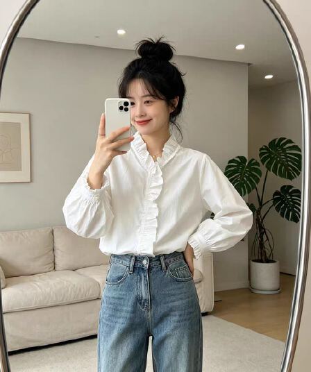 가을 의상 새로운 빅 사이즈 프랑스식 프릴 V넥 순면 긴팔 셔츠 고유 한 아름다운 느긋한 바람 고유 한 작은 셔츠