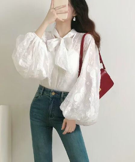 가을 의상 새로운 프랑스식 우아함 아름다운 품격 고급 질감 센스 레이스업 나비 매듭 셔츠 다용도 레트로 맨위