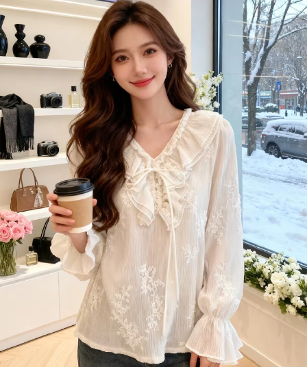 가을 의상 새로운 한 부서 비즈 박기 레이스업 곰팡이 고리 레이스 자카드 여성 셔츠 출퇴근 인사이드 가져 가라. 긴팔 맨위