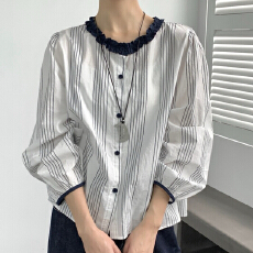 批发<b class='q'>秋装</b>新款圆领条纹棉麻衬衫女韩系宽松木耳边设计感上衣潮款衬衫