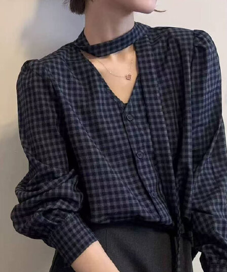 가을 의상 새로운 레트로 리본 V넥 체크무늬 여성 셔츠 유럽 역 유럽 상품 여성 의류 디자인 센스 맨위 트렌디