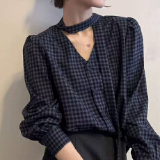 批发<b class='q'>秋装</b>新款复古飘带V领格子衬衫女欧洲站欧货<b class='q'>女装</b>设计感上衣潮