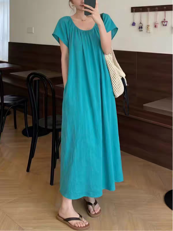 RY7718# 夏装新款法式精致短袖慵懒连衣裙大码胖MM高级显瘦旅游沙滩中长裙