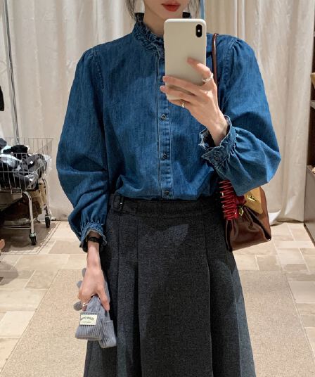 가을 의상 새로운 ynvn 한 부서 레이스 칼라 연삭 털 데님 셔츠 여성 의류 디자인 센스 작은 대중 긴팔 셔츠