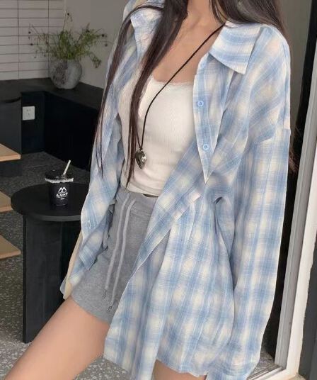 가을 의상 새로운 파란색 체크무늬 자외선 차단 셔츠 느긋한 캐주얼 루즈핏 긴팔 다용도 셔츠 디자인 맨위 재킷