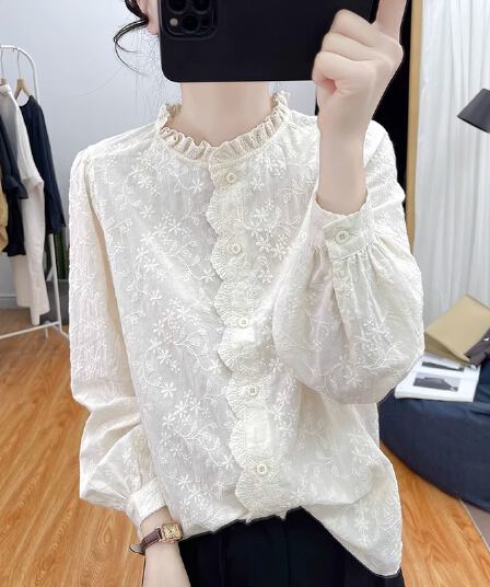 가을 의상 새로운 한국 순면 레이스 칼라 레이스 자수 긴팔 셔츠 여성 셔츠 패션 셔츠