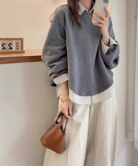 가을 의상 새로운 후드티 페이크 레이어드 후드티 여성 chic 착용 가져 가라. 빅 사이즈 지방 mm 슬림해 보이는 긍정적 인 어깨 의류
