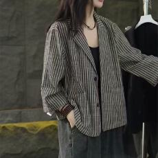 批发秋装新款条纹<b class='q'>小西装</b>外套女薄款文艺复古宽松休闲九分袖开衫上衣