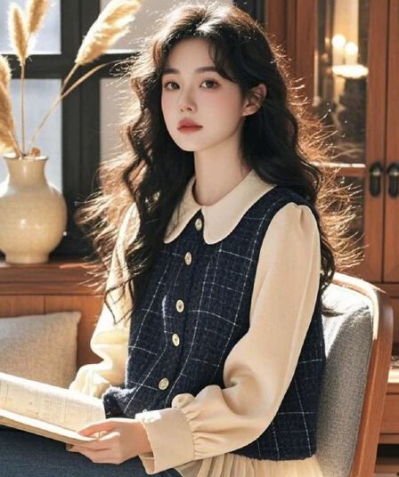 가을 의상 새로운 레트로 체크무늬 페이크 레이어드 셔츠 여성 긴 소매 베이비 칼라 아름다운 아름다운 슈퍼 잘 생긴 고유 한 맨위