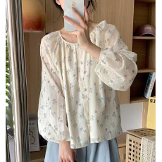 批发秋装新款法式甜美泡泡袖<b class='q'>碎花</b>雪纺<b class='q'>衬衫</b>温柔风蕾丝刺绣防晒衫