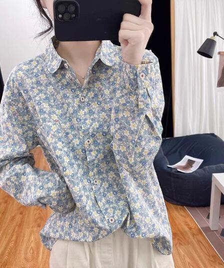 가을 의상 새로운 긴팔 캐주얼 프린트 여성 셔츠 신선함 문예 레트로 꽃무늬 맨위 셔츠