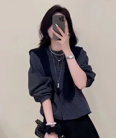 가을 의상 새로운 프랑스식 레트로 체크무늬 숄 긴팔 셔츠 여성 레저 품격 셔츠 루즈핏 맨위