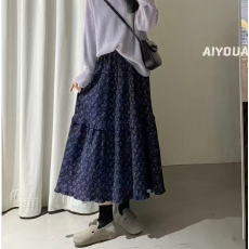 批发秋冬装百搭紫色碎花松紧半身裙高腰中长款显瘦温柔森系复古裙