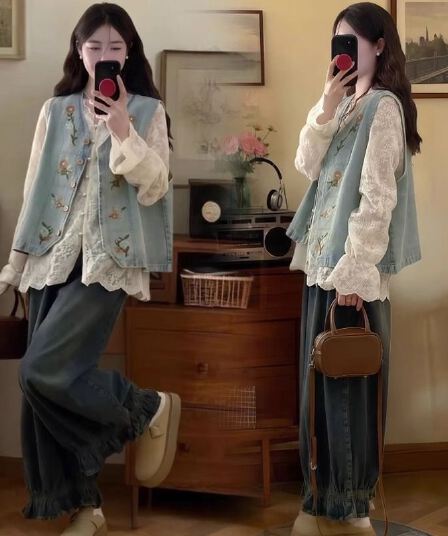 가을 의상 새로운 한국 스타일 루즈핏 슬림해 보이는 데님 조끼 여자 고급 센스 Chic 고유 한 루즈핏 스택 착용 조끼 세트