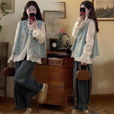 批发秋装新款韩版宽松显瘦<b class='q'>牛仔</b><b class='q'>马甲女</b>高级感别致独特宽松叠穿马夹套装