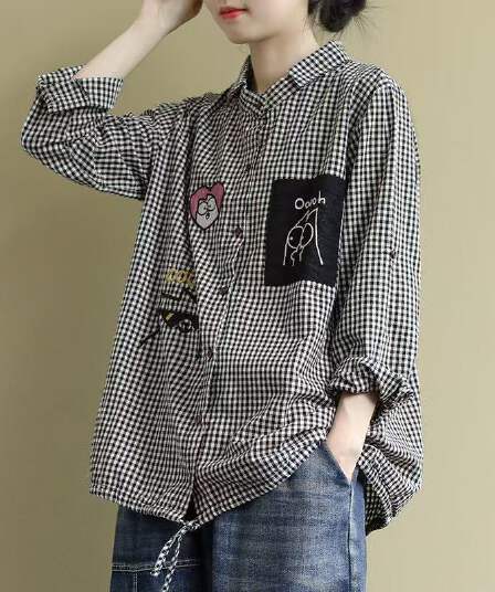 가을 의상 새로운 빅 사이즈 루즈핏 문예 긴팔 여성 셔츠 폴로 칼라 체크무늬 다용도 캐주얼 맨위 여성