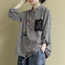 批发秋装新款大码宽松文艺长袖衬衫女翻领<b class='q'>格子</b>百搭休闲上衣女