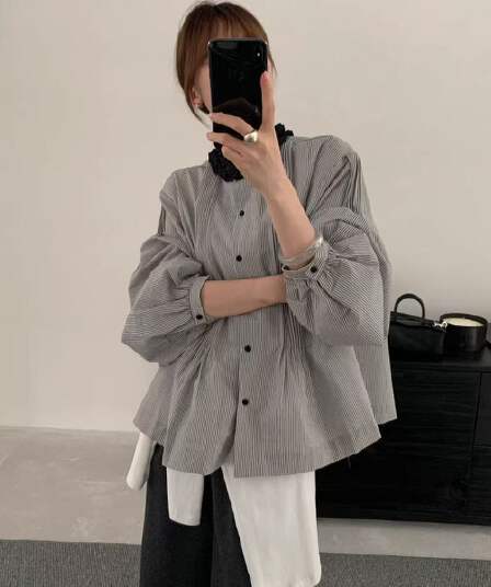 가을 의상 새로운 유럽 역 프릴 네클라인 루즈핏 벌룬 소매 인형 셔츠 스트라이프 셔츠