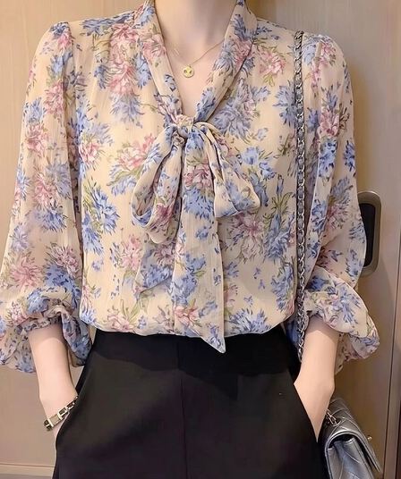 가을 의상 새로운 패션 꽃무늬 9부 소매 레이스업 나비 매듭 쉬폰 블라우스 한 부서 연령 감소 슬림해 보이는 루즈핏 여성 셔츠