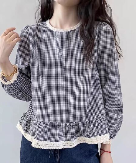 가을 의상 새로운 프릴 체크무늬 한 마디 인형 셔츠 여성 유럽 역 유럽 상품 여성 의류 디자인 센스 셔츠 트렌디