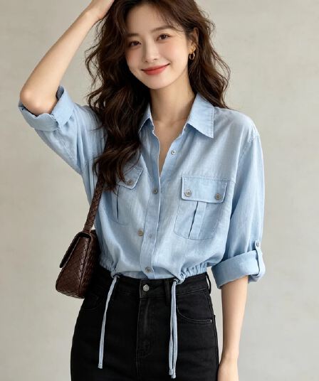 가을 의상 새로운 고급 센스 파란색 폴로 칼라 허리 수축 여성 셔츠 출퇴근 바람 슬림해 보이는 슈퍼 잘 생긴 패션 작은 대중 맨위