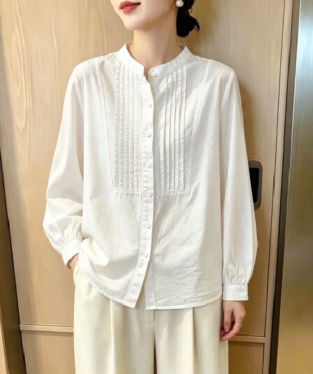가을 의상 새로운 빅 사이즈 여성 의류 흰 셔츠 순면 작은 스탠드 칼라 카디건 코트 플리츠 프랑스식 고급 센스 셔츠