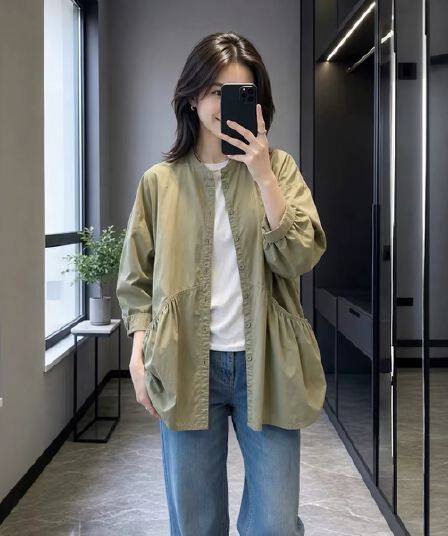 가을 의상 한국 스타일 빅 사이즈 여성 의류 새로운 더블 주머니 긴팔 재킷 재킷 셔츠 맨위 여성