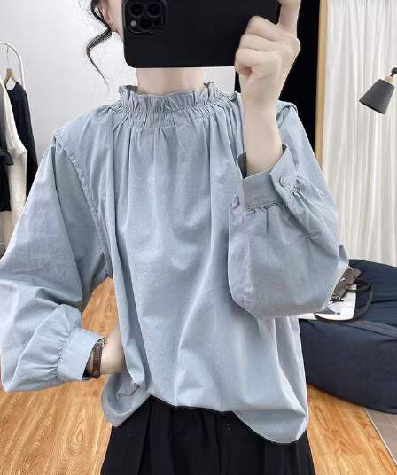 가을 의상 새로운 프릴 칼라 벌룬 소매 순면 긴팔 셔츠 여성 연령 감소 맨위 레트로 루즈핏 셔츠