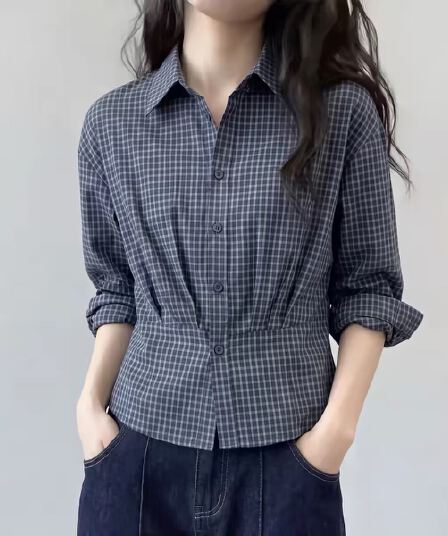 가을 의상 새로운 한 부서 체크무늬 긴팔 셔츠 고급 허리 수축 슬림해 보이는 작은 셔츠 맨위 여성