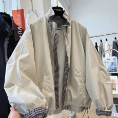 批发秋<b class='q'>冬</b>装新款抽绳立领短款外套宽松休闲穿搭格子拼接韩版夹克风衣