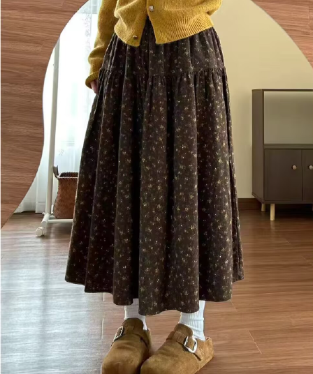 가을 겨울 의류 레트로 꽃무늬 꽃무늬 반신 스커트 여성 플리스 센스 대 치마 중간 길이 스커트