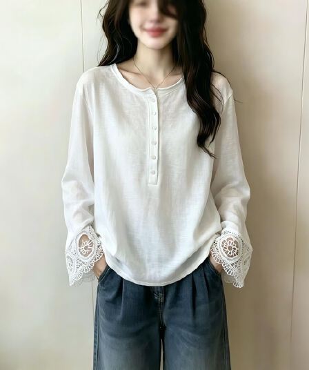 가을 의상 새로운 순면 빅 사이즈 긴팔 티셔츠 여성 한국 스타일 지방 mm 루즈핏 슬림해 보이는 레이스 조각 기본 셔츠 맨위