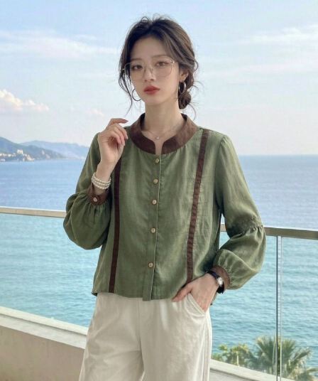 가을 의상 새로운 출퇴근 바람 녹색 벌룬 소매 여성 셔츠 배색 패치워크 품격 다용도 슈퍼 잘 생긴 맨위